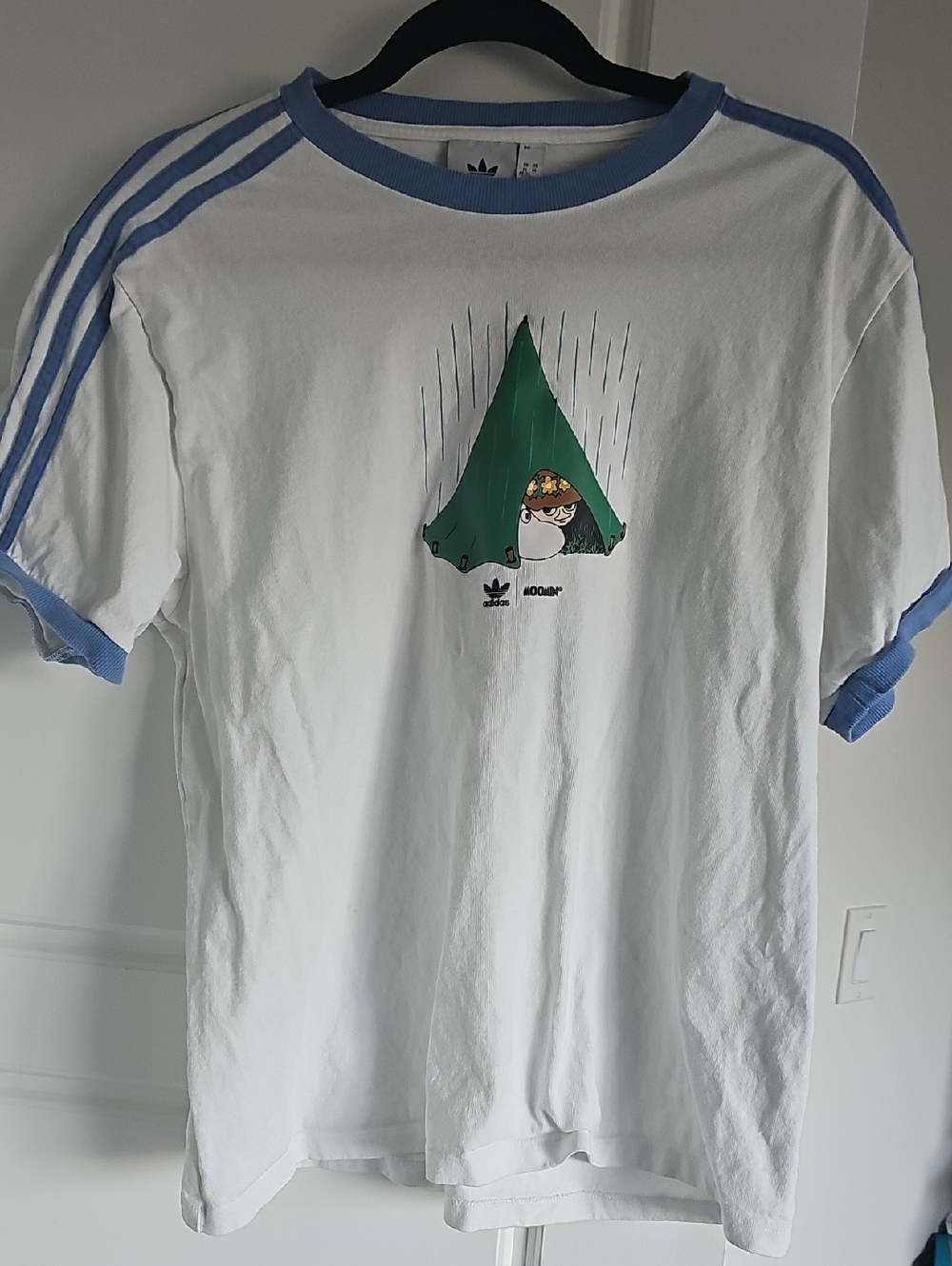 adidas White Tee with Light Blue Trim and Green Tent Graphic